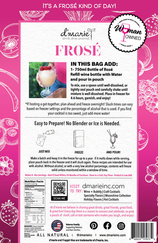 D'marie Frosé packaging with instructions and branding on a pink background