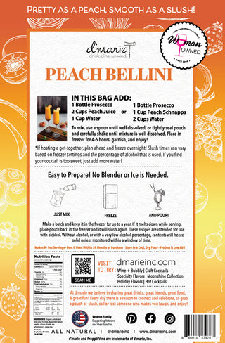 D'marie Peach Bellini mix packaging with instructions and branding details.