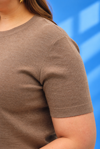 Close-up of a person wearing a short-sleeve crew-neck knit top in taupe brown