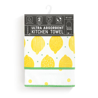 Ultra absorbent kitchen towel with lemon pattern on packaging