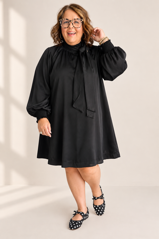 PLUS Boss Babe Satin Long Sleeve Bow Neck Mini Dress