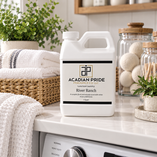A 1 quart white plastic bottle of Acadian Pride Hydroscience Co. River Ranch luxurious laundry detergent sits on a white countertop in a bright, modern laundry room setting with folded towels, glass jars, and a washing machine.