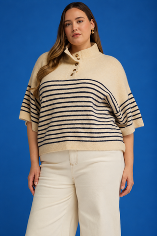 PLUS Alpine Escape Stripe High Neck Button Detail Knit Top
