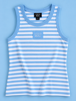A sleeveless tank top with light blue and white horizontal stripes, featuring a light blue ribbed crew neck, armholes, and hem. A small square light blue patch on the chest displays the text 'LULU MAC' in white.