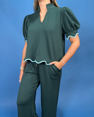 Alpine Green Contrast Scallop Trim Pants Set - All About You