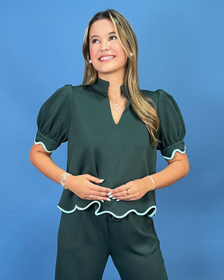 Alpine Green Contrast Scallop Trim Pants Set - All About You