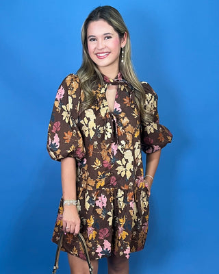 Amber Trails Brown Floral Tie Neck Mini Dress - All About You