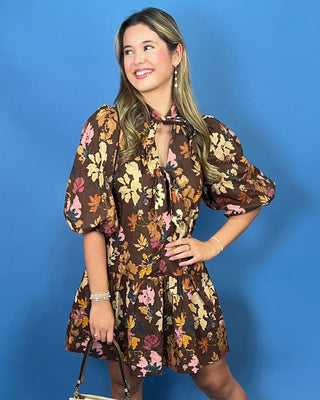 Amber Trails Brown Floral Tie Neck Mini Dress - All About You