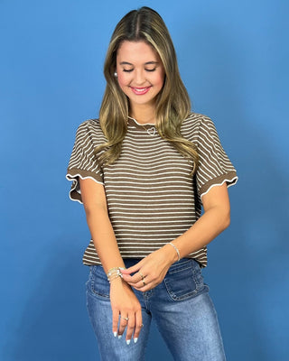 Auburn Autumn Textured Stripe Scallop Detail Top - All About You
