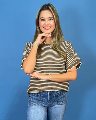 Auburn Autumn Textured Stripe Scallop Detail Top - All About You