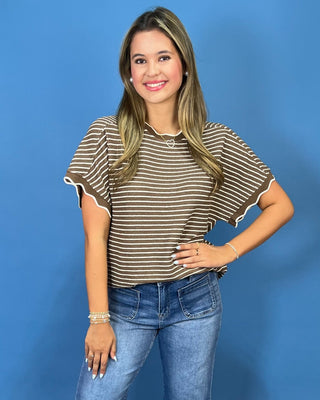 Auburn Autumn Textured Stripe Scallop Detail Top - All About You