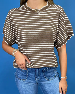 Auburn Autumn Textured Stripe Scallop Detail Top - All About You