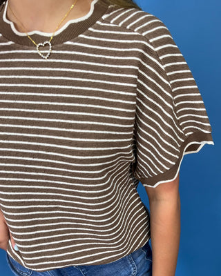 Auburn Autumn Textured Stripe Scallop Detail Top - All About You