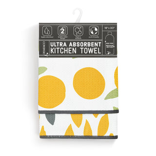 Ultra absorbent kitchen towel with lemon pattern on packaging