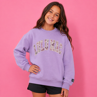 Camo Lilac Crewneck Sweatshirt with a camo appliqué, fleece-lined interior, relaxed fit, and soft cotton-blend comfort.