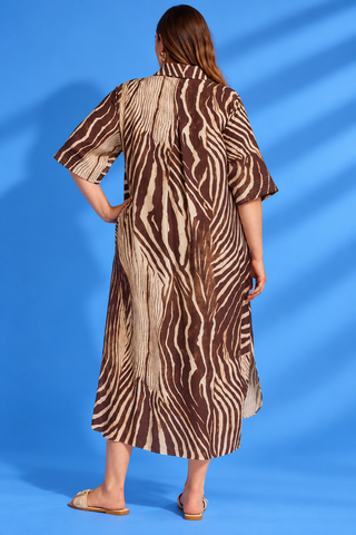 Midi Dress featuring a zebra-inspired print, collared neckline, half-button front, and flattering midi silhouette.