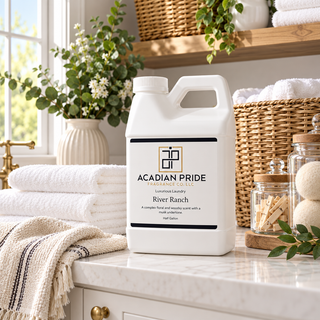 A large white plastic jug of Acadian Pride River Ranch laundry detergent stands on a marble bathroom counter, surrounded by folded towels, woven baskets, and glass jars in a bright, clean bathroom setting.