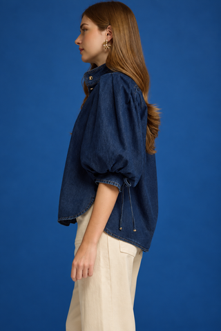 PLUS Bluebonnet Breeze Denim Button Detail 3/4 Puff Sleeve Top