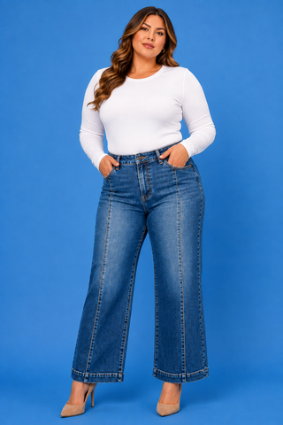 PLUS Harper HR Crop Wide Leg Front Seam Dark Wash Jeans