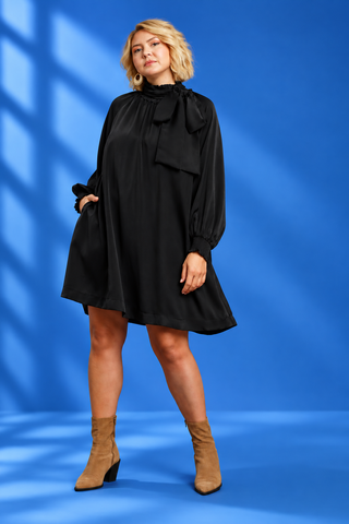 PLUS Boss Babe Satin Long Sleeve Bow Neck Mini Dress
