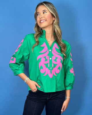Bahama Bloom Embroidered Ruffle Collar 3/4 Sleeve Top - All About You