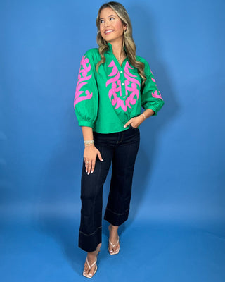 Bahama Bloom Embroidered Ruffle Collar 3/4 Sleeve Top - All About You