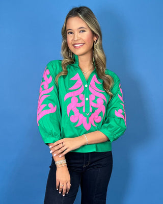 Bahama Bloom Embroidered Ruffle Collar 3/4 Sleeve Top - All About You