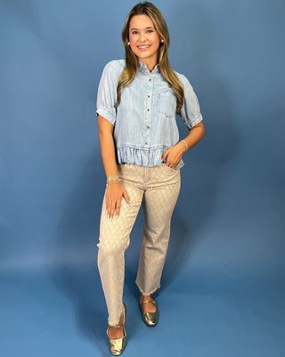 Bayside Light Wash Denim Ruffle Hem Top - All About You