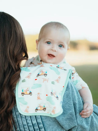 Baby wearing a bib with cartoon designs, held by a person outdoors.