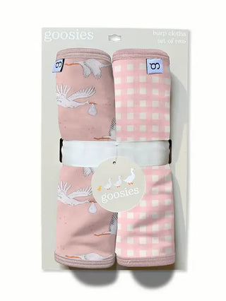 Set of baby blankets with bird and checkered patterns in packaging, brand 'goosies' visible.
