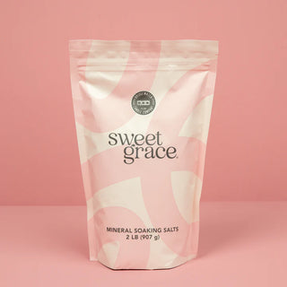 Bag of sweet grace mineral soaking salts on a pink background