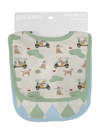 Baby bib with golf-themed design on a white background