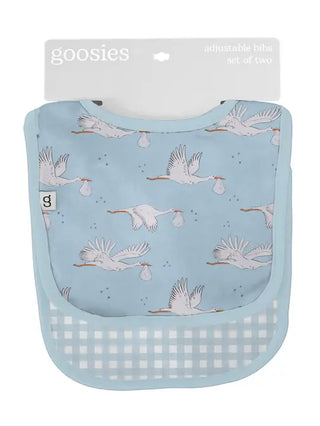 Set of two baby bibs with bird pattern on a blue background, brand 'goosies' visible.