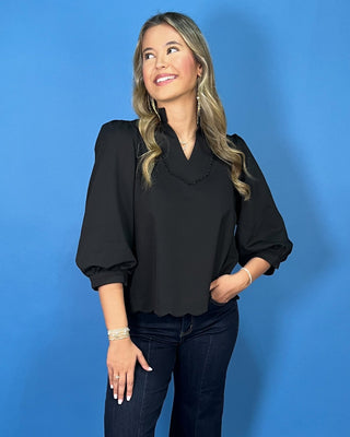 Black Graceful Noir Puff Sleeve Scallop Hem V-Neck Top - All About You