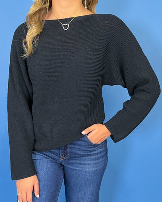 Black On Repeat Wide Neck Asymmetrical Hem Sweater Top - All About You