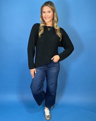Black On Repeat Wide Neck Asymmetrical Hem Sweater Top - All About You