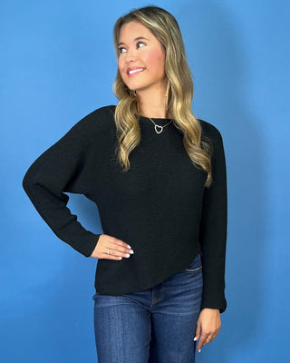 Black On Repeat Wide Neck Asymmetrical Hem Sweater Top - All About You