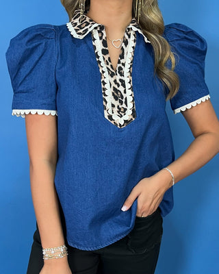 Blue Jean Beauty Leopard Trim Scallop Detail Top - All About You