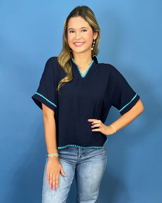Blue Tide Navy Contrast Stitch Split V-Neck Top - All About You