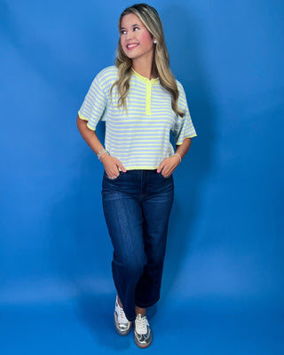Blueberry Lemonade Striped Button Front Henley Knit Top - All About You