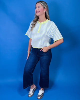 Blueberry Lemonade Striped Button Front Henley Knit Top - All About You