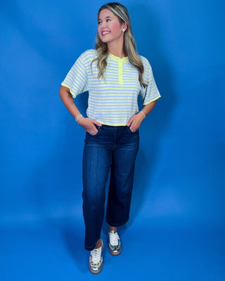 Blueberry Lemonade Striped Button Front Henley Knit Top - All About You