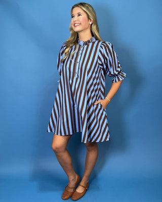 Bluebird Lane Brown & Blue Ruffle Detail Striped Dress - All About You
