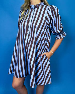 Bluebird Lane Brown & Blue Ruffle Detail Striped Dress - All About You