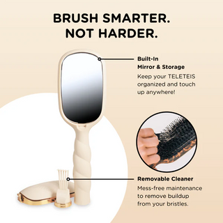 Hairbrush with mirror and cleaning tool, featuring text about features and benefits.