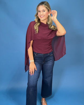 Bordeaux Bliss Chiffon Cape Back Burgundy Top - All About You