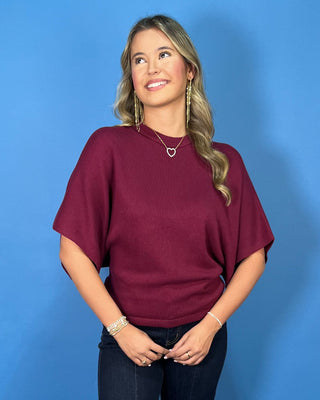 Bordeaux Burgundy Short Dolman Sleeve Knit Sweater - All About You