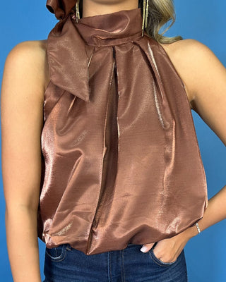 Bronze Beauty Metallic Neck Tie Bubble Hem Top - All About You
