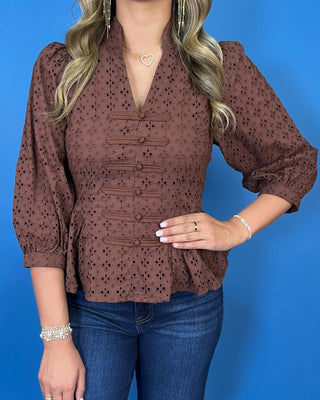 Brown Beauty Long Sleeve Eyelet V-Neck Top - All About You