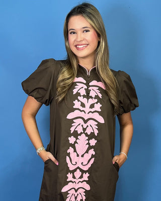 Brown Blossom Puff Sleeve Pink Detail Midi Dress - All About You
